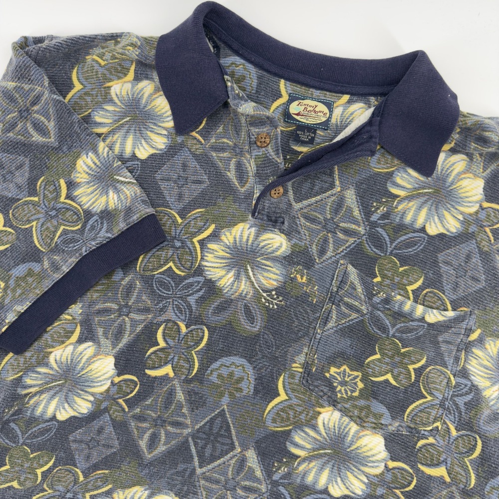 Tommy Bahama Mens Large Blue Hibiscus Floral Jacquard Cotton Polo Shirt